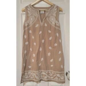 Gretchen Scott Embroidered Sleeveless Dress Medium Tan and White Boho